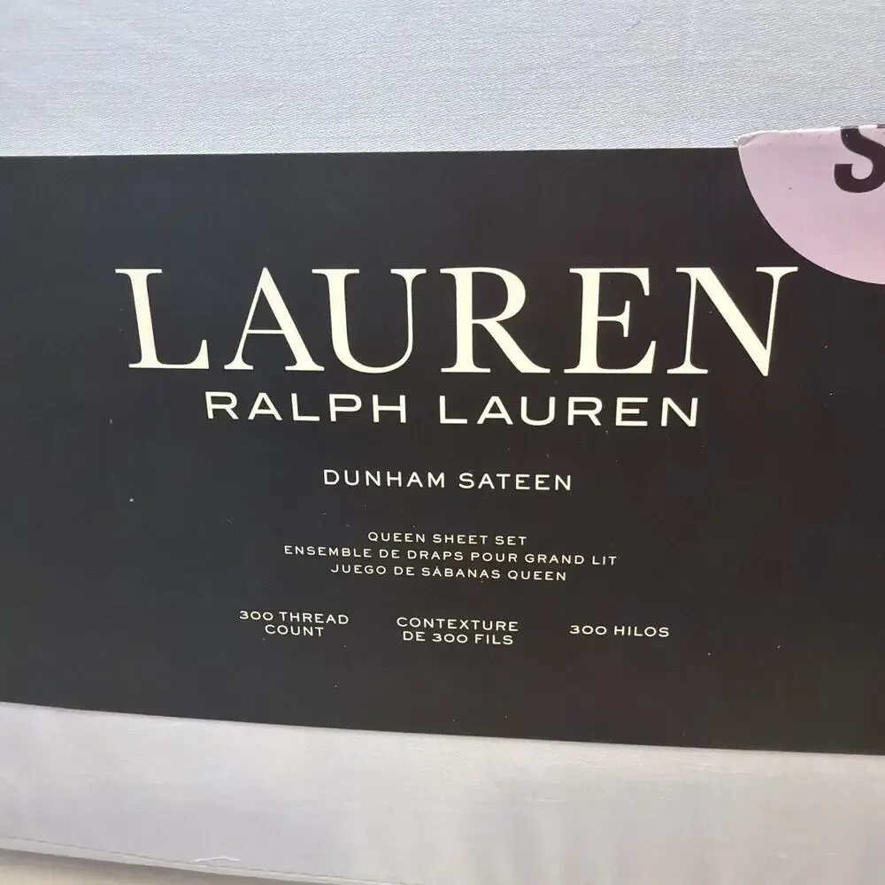 Ralph Lauren Queen Sheet‎ Set Dunham Sateen Azure Blue 4pc Farmhouse Chic 300TC